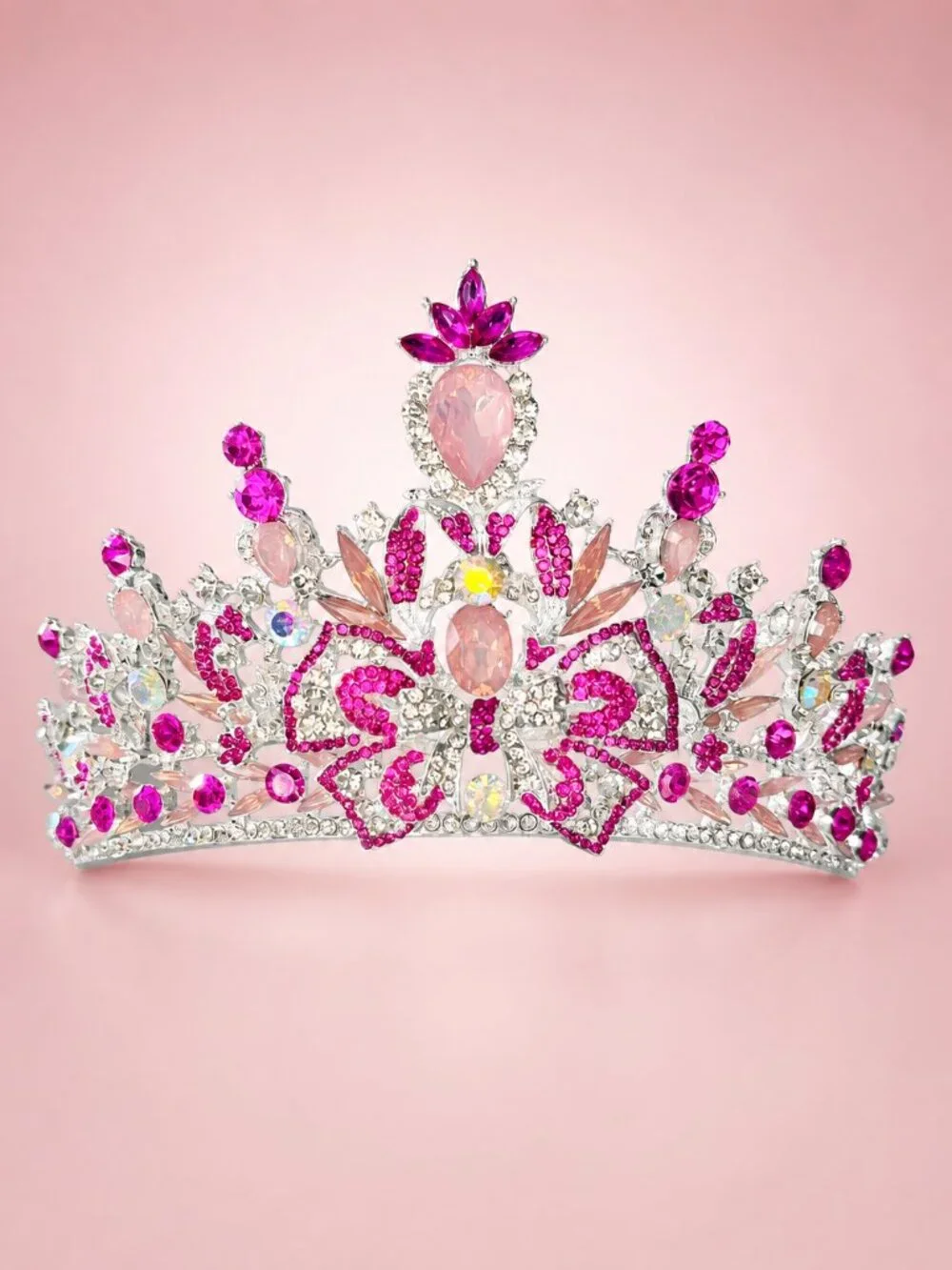 Pink Butterfly Tiara, Silver Crystal Crown for Wedding, Prom & Pageant Headpiece